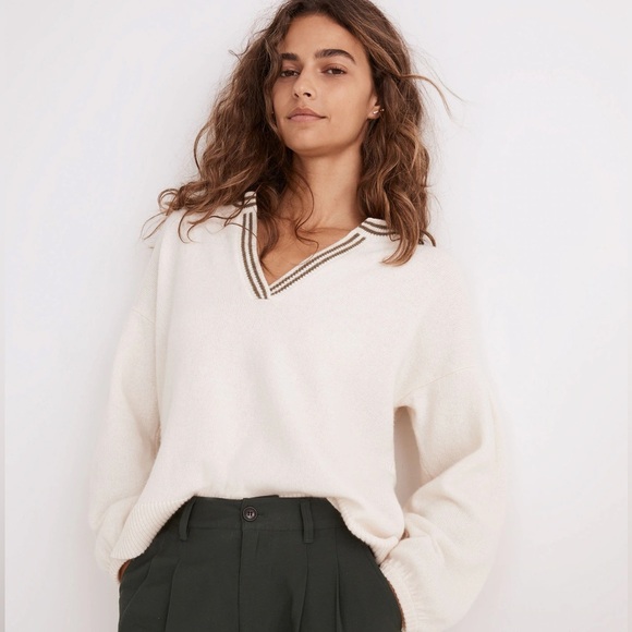 Madewell Wiltshire V-Neck Pullover Sweater Wool Cotton Boho Preppy Cream Size M - Picture 1 of 11